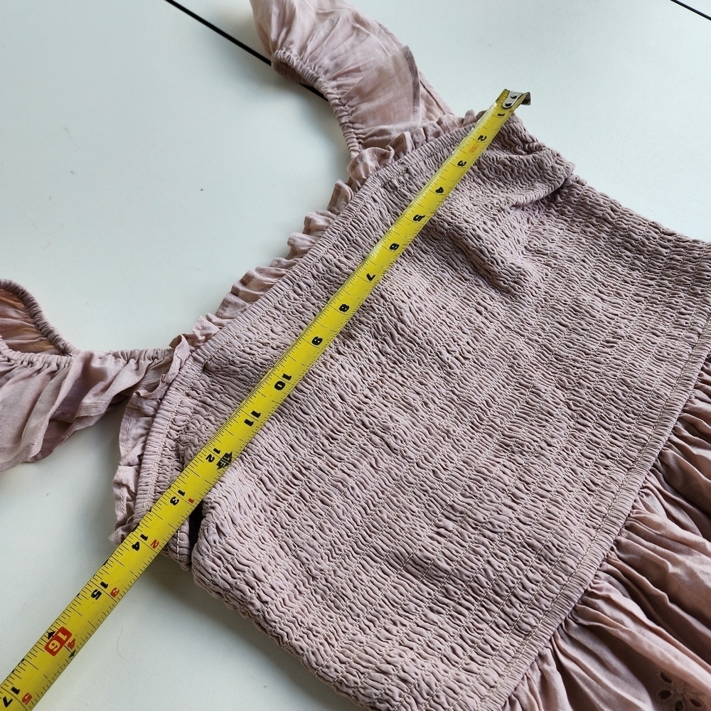Japna Women's Beige Ruffled Smocked Stretch Eyelet Top Blouse Cotton Sz M - Picture 9 of 11